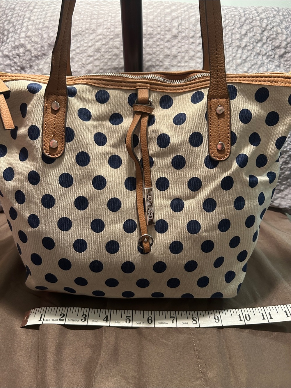 Rosetti Navy Polka Dot Canvas Tote with Tan Trim - Picture 6 of 8